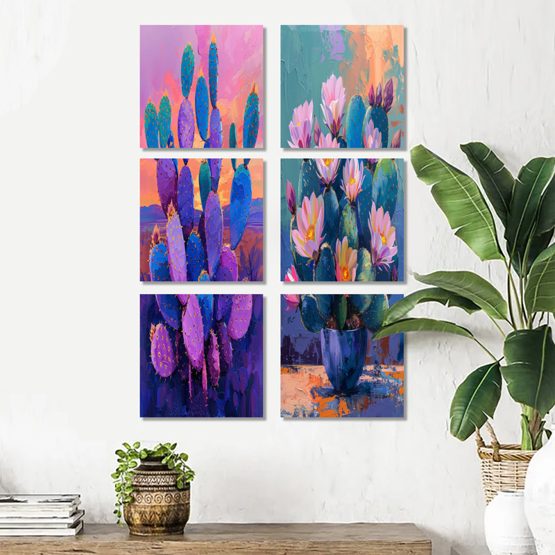 Cactus mauve et bleu Sunset Vibes - Ensemble de 6 décorations murales cactus floral, Toile tendue, Ne s’applique pas