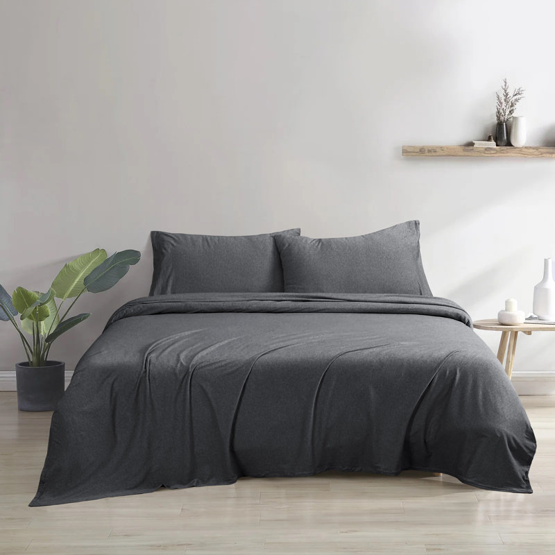 100% Cotton Jersey Knit Sheet Set, King Sheet Set with Fitted Sheet and 2 Pillowcases, Charcoal