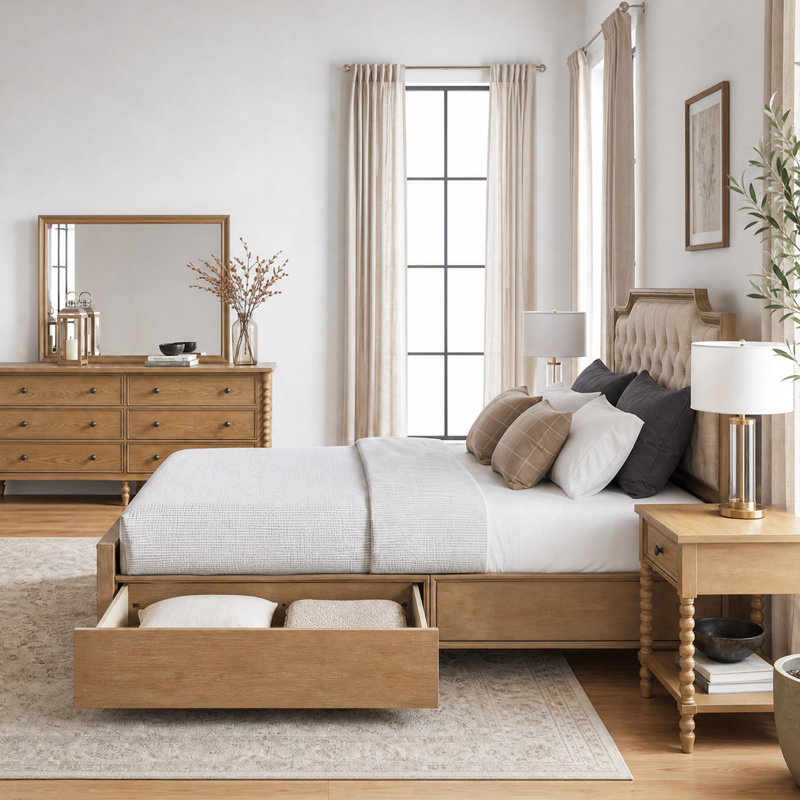 Grand lit en bois naturel Victoria avec tête de lit tapissier et tiroir de rangement intégré