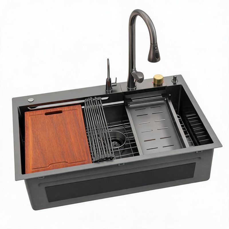 Évier de cuisine à encastrer en acier inoxydable noir canon de fusil, 33 po x 22 po, avec robinet extractible et lave-tasse