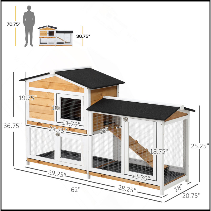 Cage à lapin en bois pour 2 étages avec rampe, plateau sans fuites, toit résistant aux intempéries et à l'extérieur, intérieur / extérieur, jaune