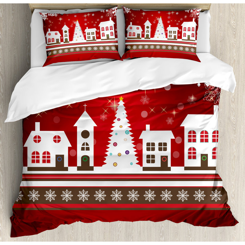 Red and White Christmas Village Microfiber Duvet Cover Set