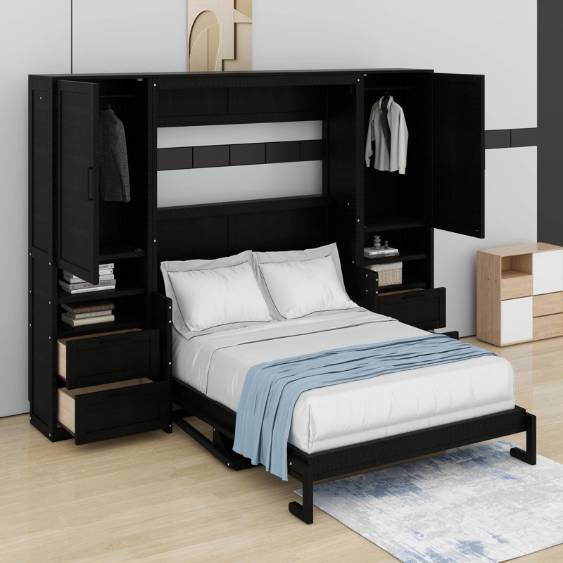 Lit escamotable avec placard, lit escamotable mural avec tiroirs et tablettes, lit en bois peu encombrant