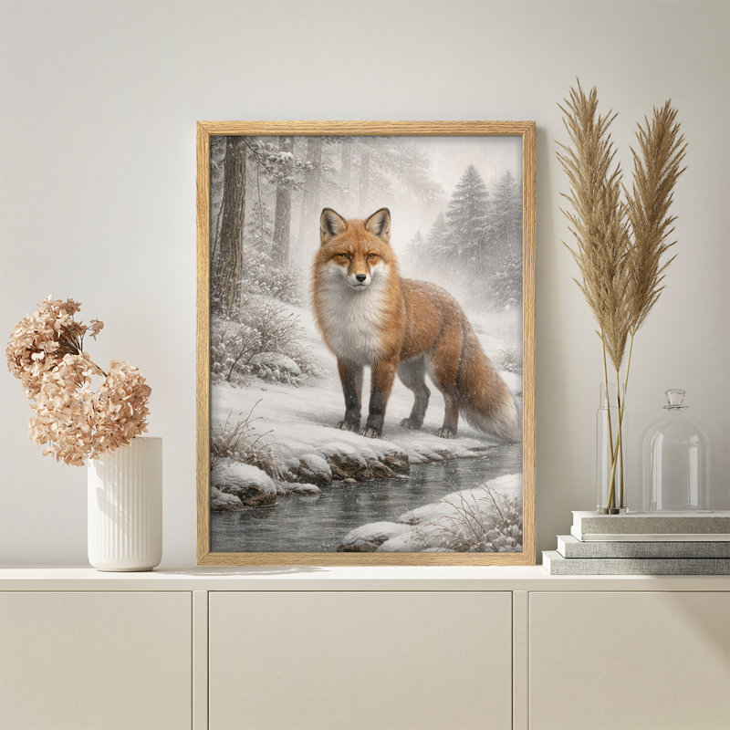 Winter Fox Landscape Framed Wall Art Prints - Fox in snowy forest, for living room, H 10 po x l 8 po, Naturel
