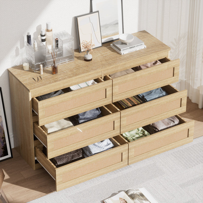Commode en rotin pour chambre à coucher, commode double 6 tiroirs avec glissade Mentale