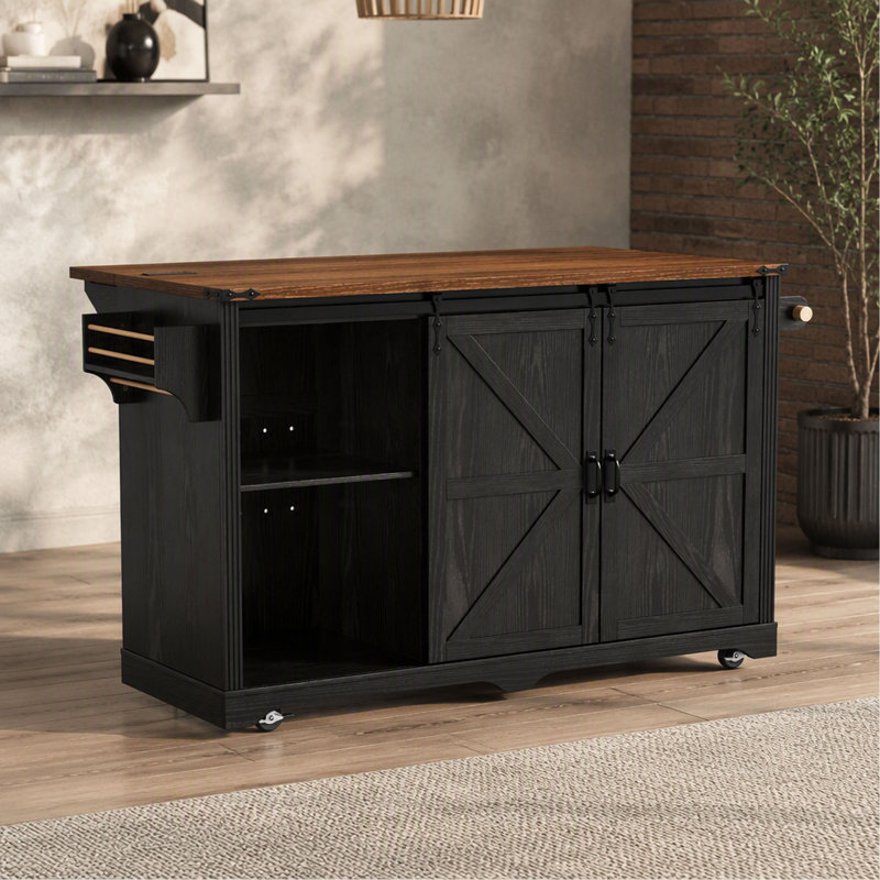 Îlot de cuisine de 72 po avec espace de rangement pour réfrigérateur et prise de courant K&K, Noir