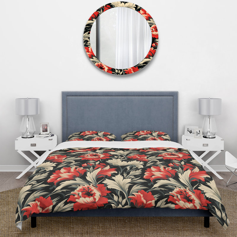 Red And Beige Victorian Ikat Legacy Flowers - Ensemble de housse de couette Ikat