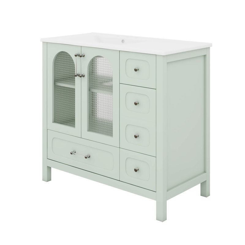 Meuble-lavabo 36 po avec lavabo en céramique, armoire de salle de bain avec portes en verre texturé gaufré, 4 tiroirs à fermeture douce et tablette réglable