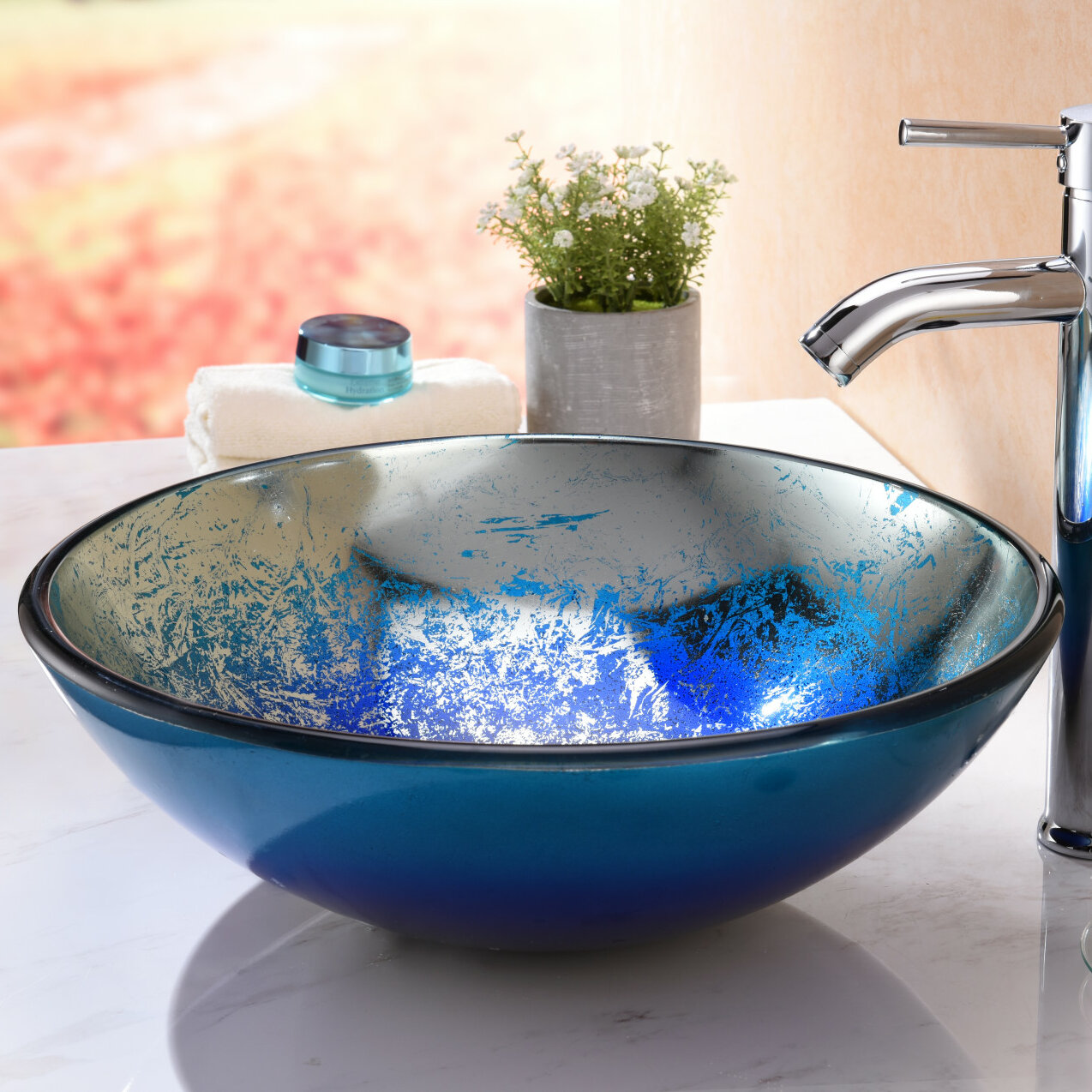 ANZZI Oceana 16.5'' Blue Tempered Glass Circular Vessel Bathroom Sink ...