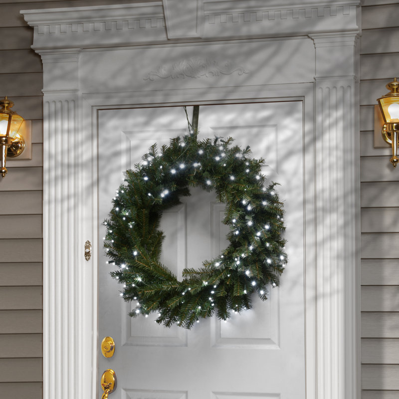 The Holiday Aisle® Memory-Shape Norwood Fir Wreath with White LED Lights, 4" H x 30" W x 30" D