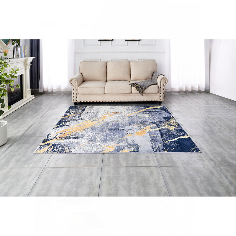 Tapis bleu / jaune à motif abstrait lavable à la machine, Rectangulaire 3 pi x 5 pi