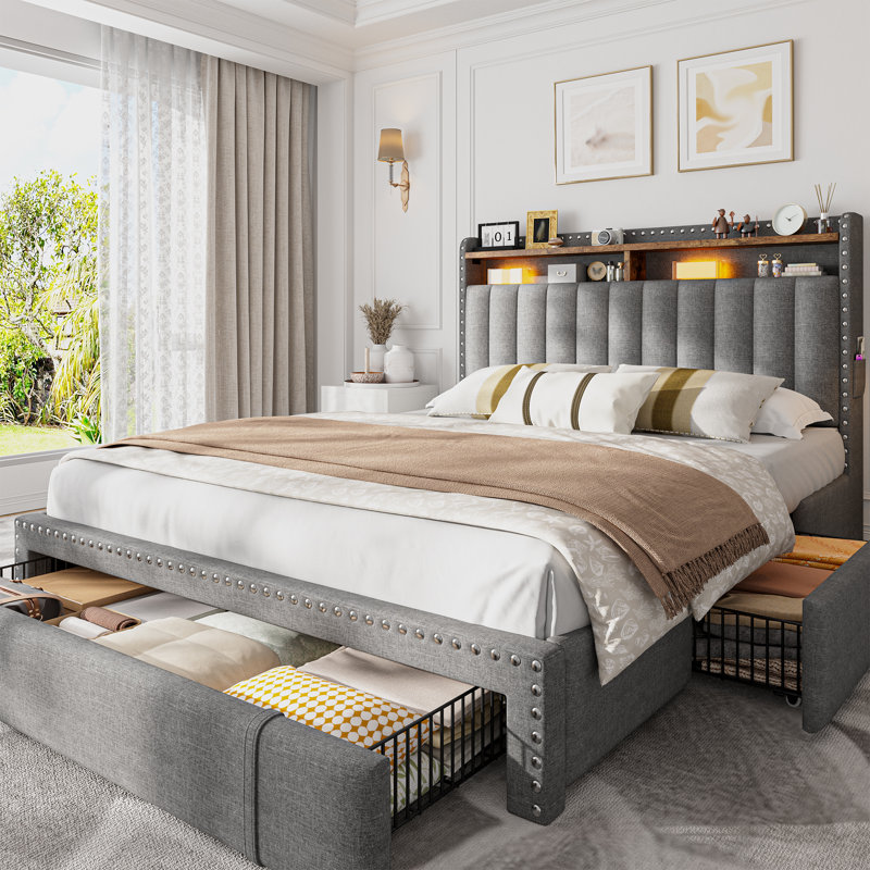 Jahlia Upholstered Storage Bed with 3 Drawers and 2-Tier Storage Headboard, Gray, Full