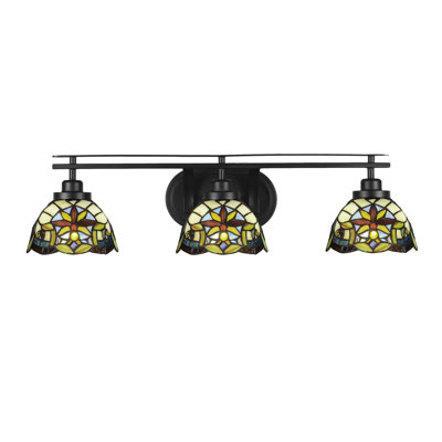 Odyssey 3 Light Bath Bar Shown In Matte Black Finish With 7" Earth Star Art Glass
