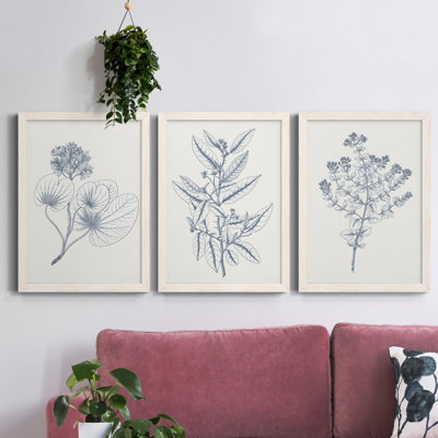 Indigo Botany Study IV - Ensemble de 3 peintures sur toile encadrées