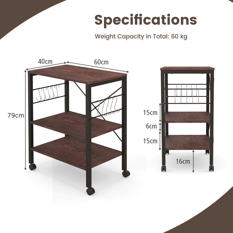 79cm H x 60cm W Utility Cart with Wheels, Dark Brown/Black