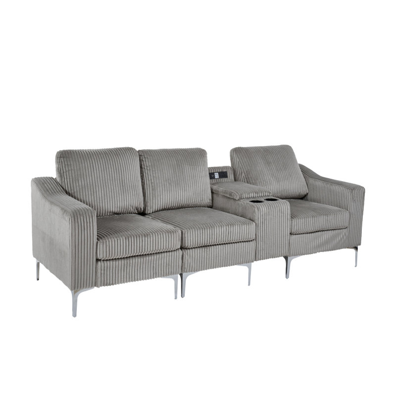 Canapé modulaire convertible en velours côtelé avec porte-gobelets, USB, trois places, Gris