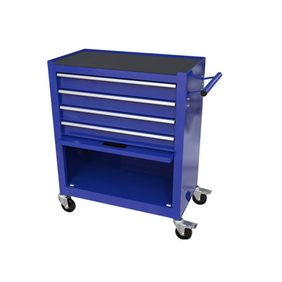 24.4" 4 Tool Box With Assorted Tools, Blue. For Garage, Workshop, Shop. 4 Wheels  2 Brake , Metal Construction, Efficient Storage Cabinet 24.4", For Garage. -Bearing Drawers, Lockable