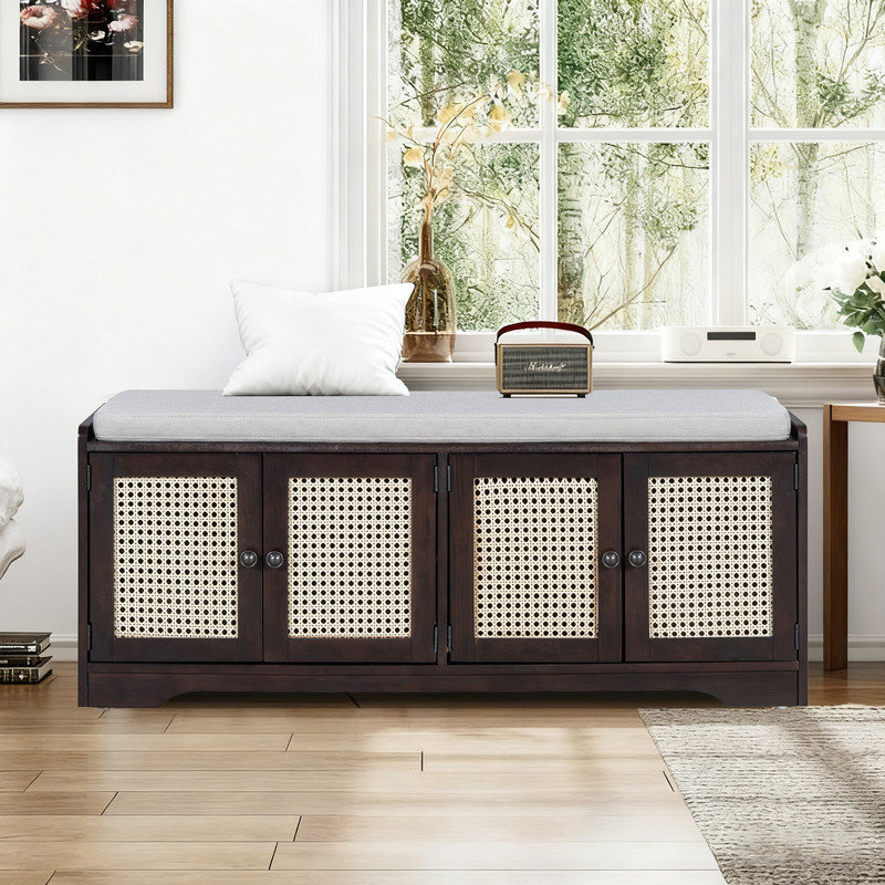 Banc de rangement rustique avec coussin amovible, banc de ferme avec tablettes réglables pour le couloir et le salon