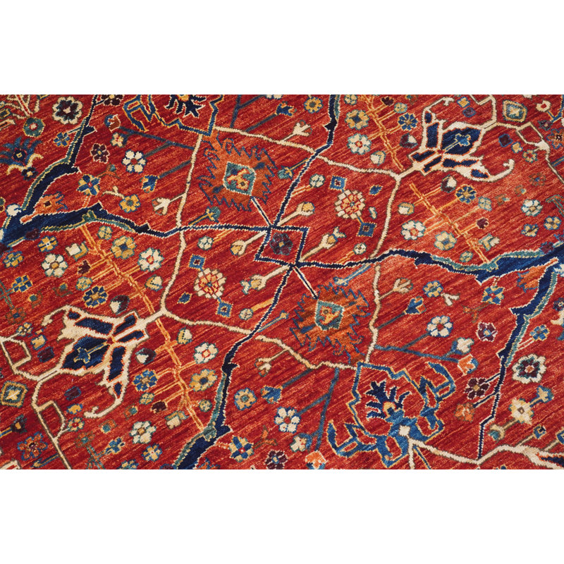 Tapis rouge et bleu noué à la main de haute qualité