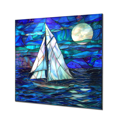 Voilier sur fond de lune bleu, impression d'art mural bateau