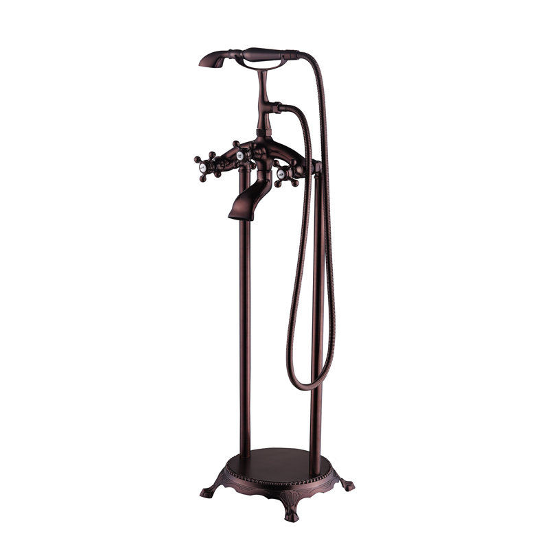 Triple Handle Floor Mounted Tub Filler With Handshower, Oil Rubbed Bronze