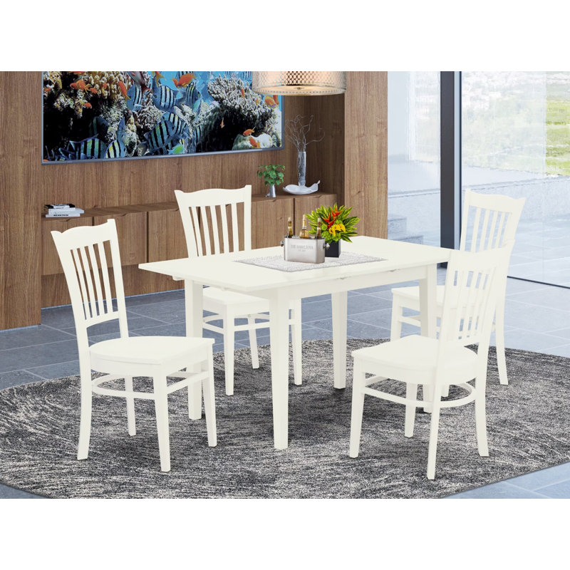 Ensemble de table de cuisine 5 pièces pour 4 personnes comprenant une table de salle à manger rectangulaire avec rallonge papillon et 4 chaises en bois massif, 32 x 54 pouces, lin blanc