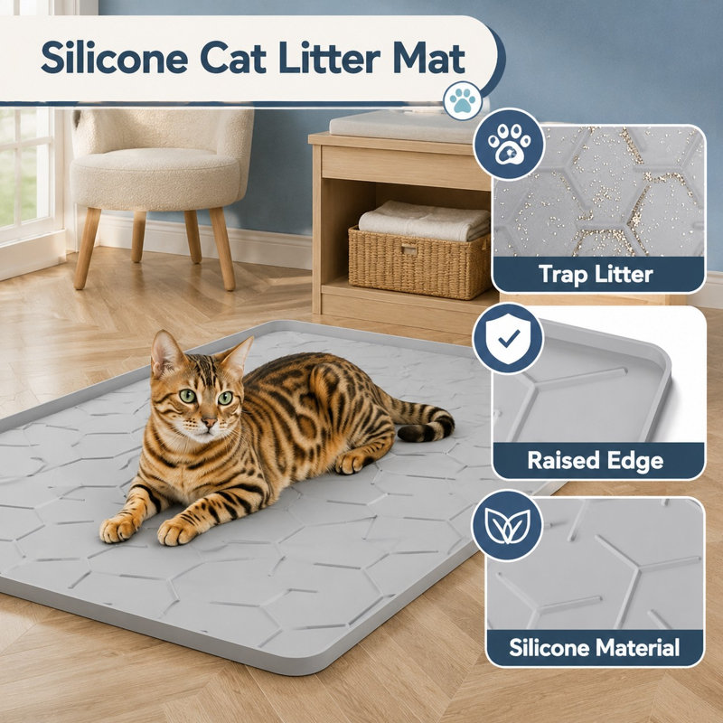 Gray 34 x 22 in waterproof silicone cat litter mat with raised edges that capture litter and protect flooring from urine; the easy-clean design also works for dog areas, sinks, kitchens, and boots.