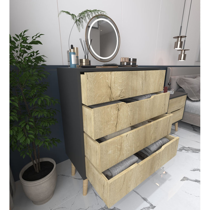 Commode 4 tiroirs - Pieds en bois, Chêne / noir