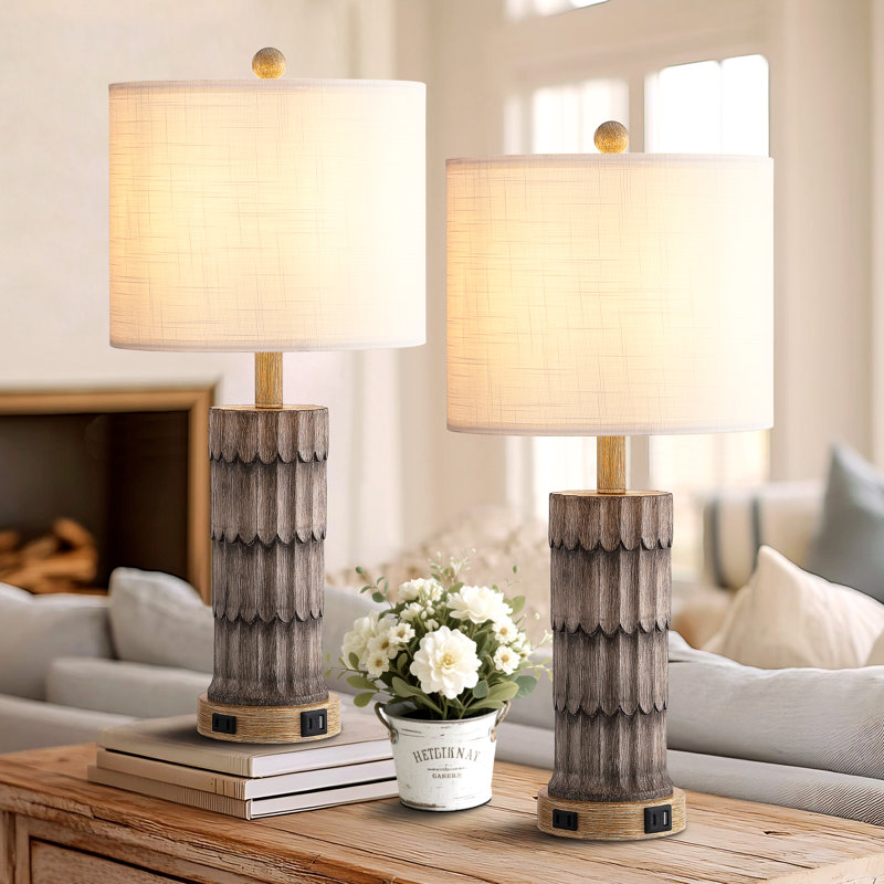 Resin USB Table Lamp, Distressed Wood, White