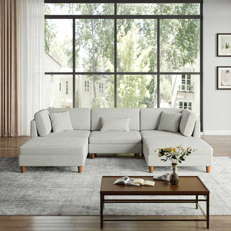Seemab 5 - Piece Upholstered Sea Salt Gray Corduroy Modular Sectional with Pillow Back and Removable Ottoman, Sea Salt Gray