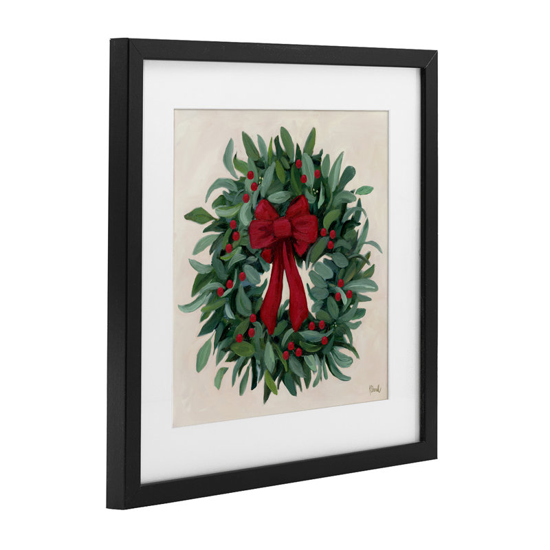 Ribbon Holly Wreath, reproduction encadrée sous verre, design par Kate Sherrill, H 13 po x l 13 po, Cadre noir minuit