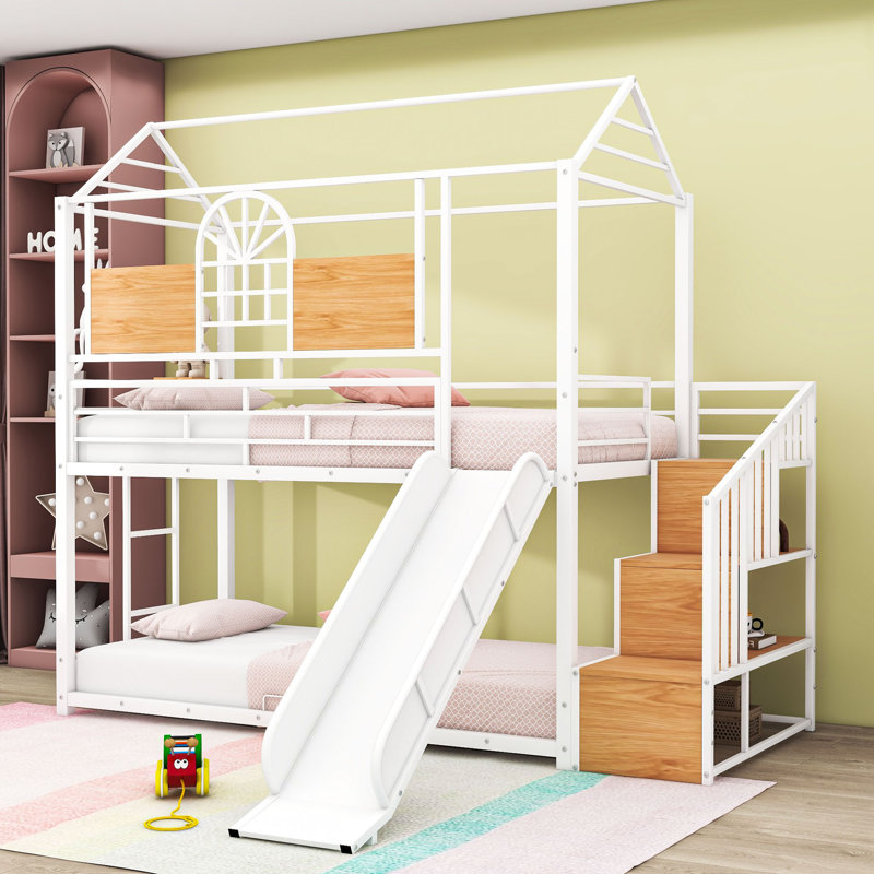 Twin Over Twin Metal House-Shaped Bunk Bed With Slide And Built-In Storage Stair, White
