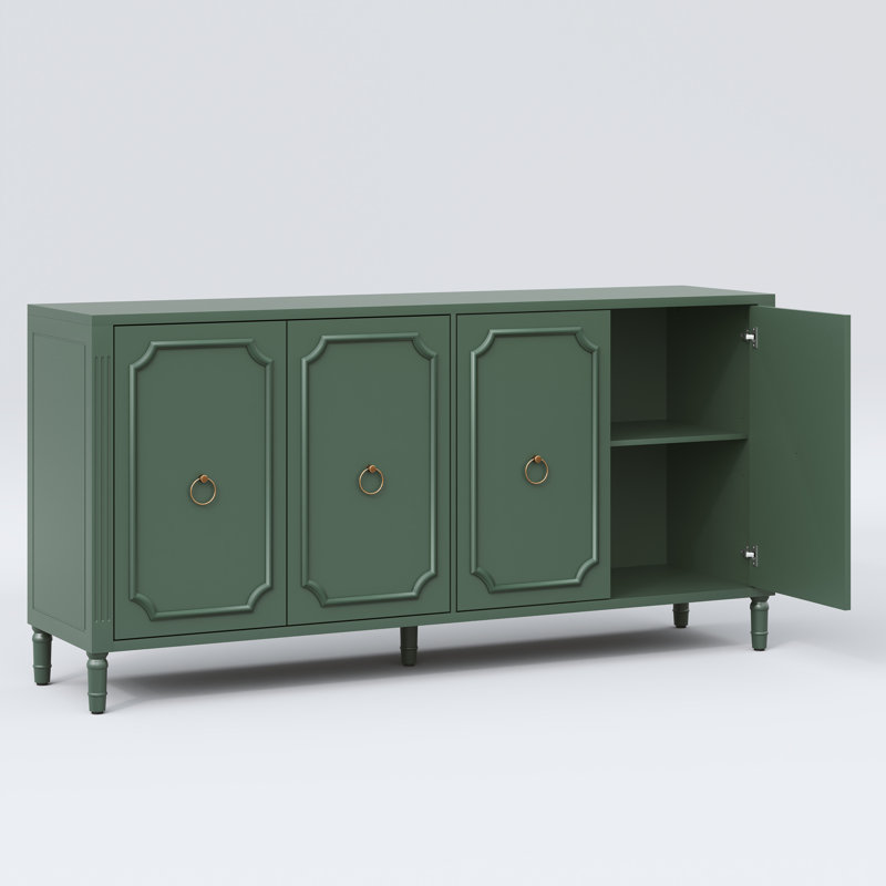 Buffet moderne du milieu du siècle à 4 portes de 63 pouces avec pieds en bois massif et étagères réglables., Vert