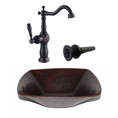 15" Copper Square Vessel Bathroom Sink, Matching Faucet Included
