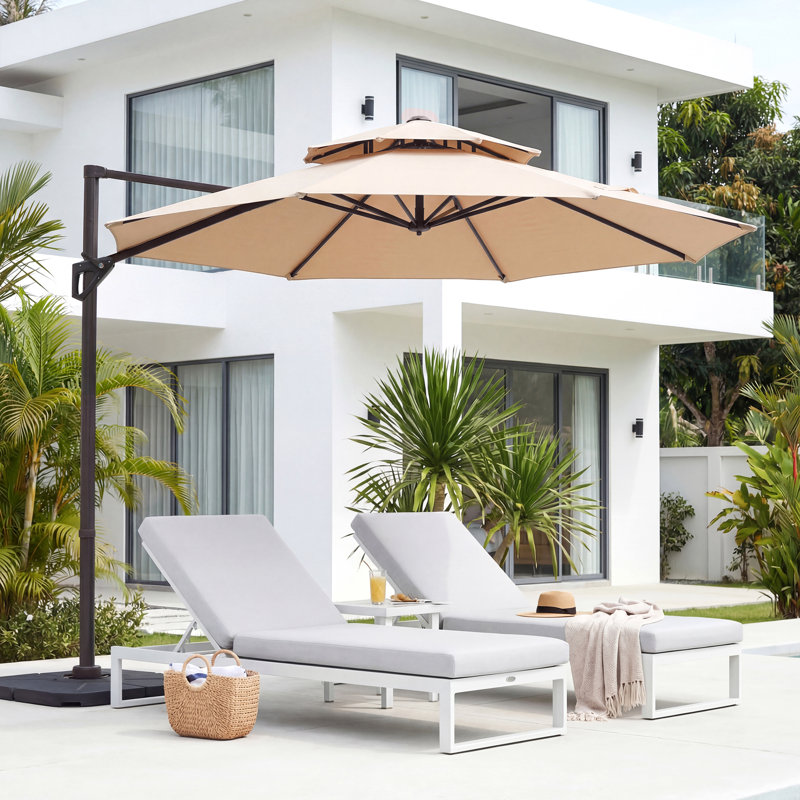 cantilever patio umbrella white WestinTrends 10 ft Outdoor Solar LED with Base Weights, Dark Green UV resistant Pulk 120" Round Cantilever Umbrella