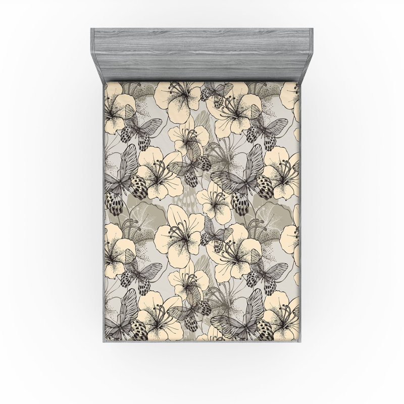Drap-housse Ambesonne, Drap-housse très grand californien, Crème, gris anthracite, gris / floral