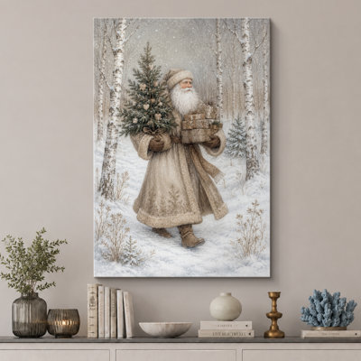 Vintage Santa Christmas Woodland Artwork, Living Room Pictures, Framed Canvas Giclee Print Wall Art
