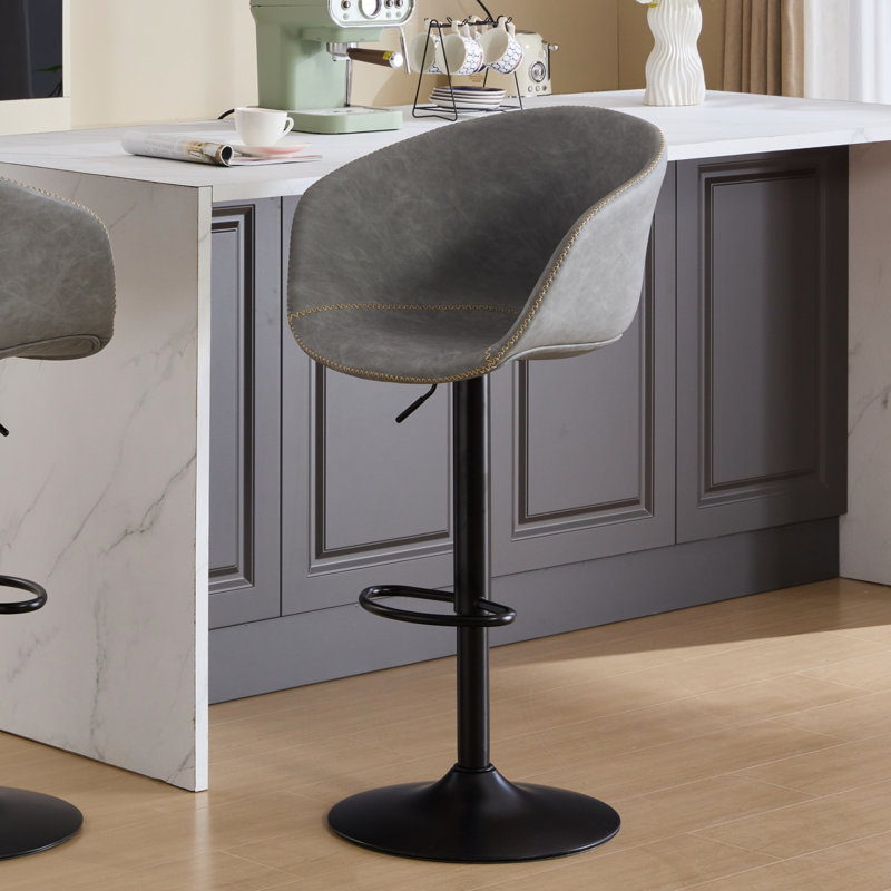 Tabourets de bar de style moderne Mid-Century à hauteur de comptoir avec assise plus large et support pour le dossier - Cuir d'unité centrale revêtu pour îlot de cuisine, gris, ergonomique, revêtu d'îlot minimaliste