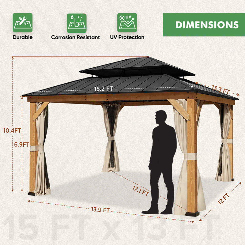 Eagle Peak 13x15 Cedar Wood Gazebo with Metal Roof and Curtains