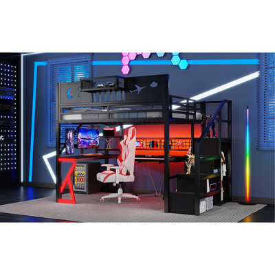 Lit mezzanine double avec escalier, lit mezzanine double en métal avec garde-corps hauts et tablette de rangement, lit mezzanine haut avec garde-robe pour enfants et adolescents