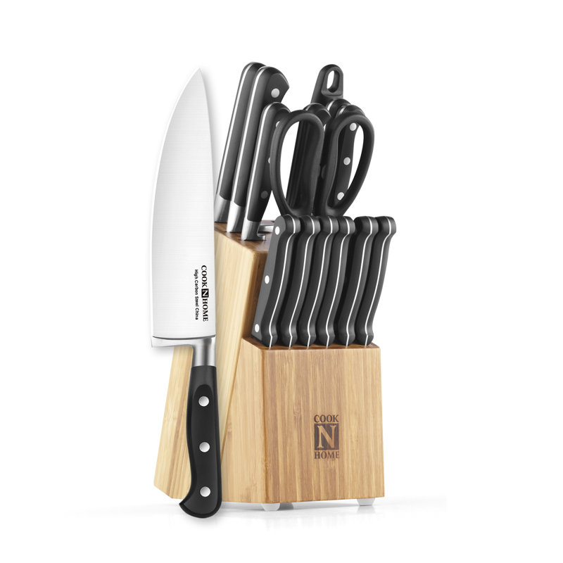 Cook N Home Basics Bamboo Kitchen Cutlery Block Set with Knifes, High Carbon Stainless Steel Blade, 15-Piece, Black, Black