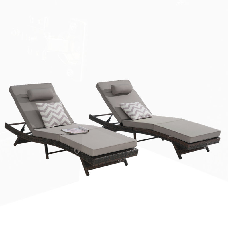Outdoor Wicker Long Reclining  Lounge Chair Set of 2, Light Gray