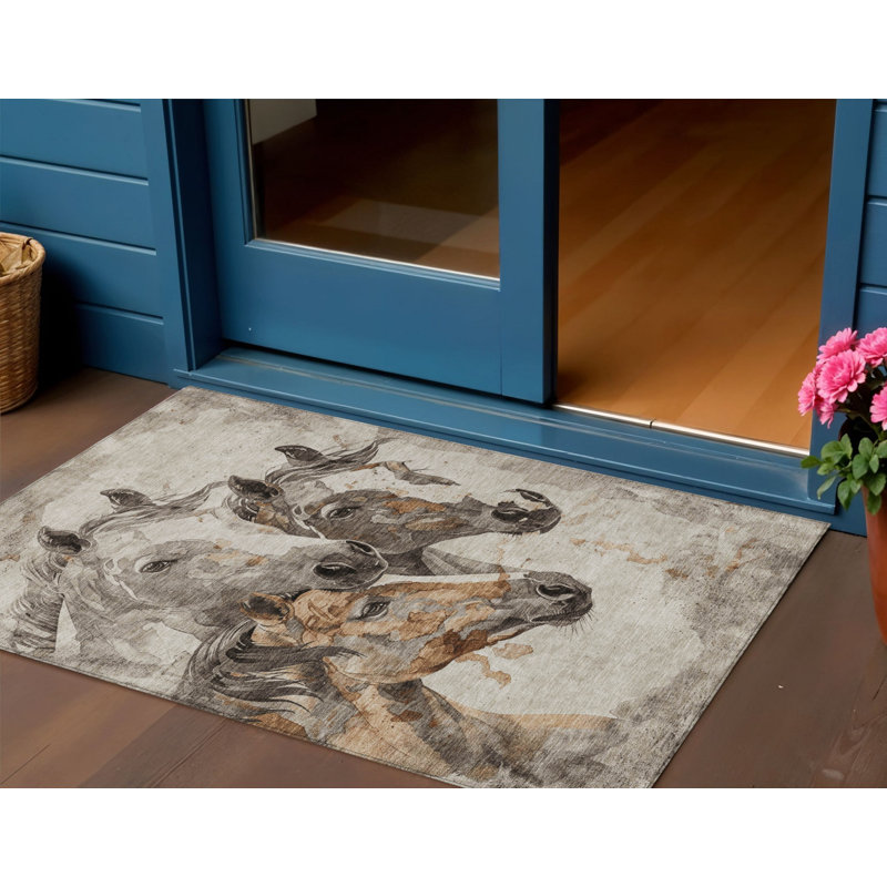 Tapis extérieur lavable à motif de chevaux beige et gris 3 pi x 5 pi