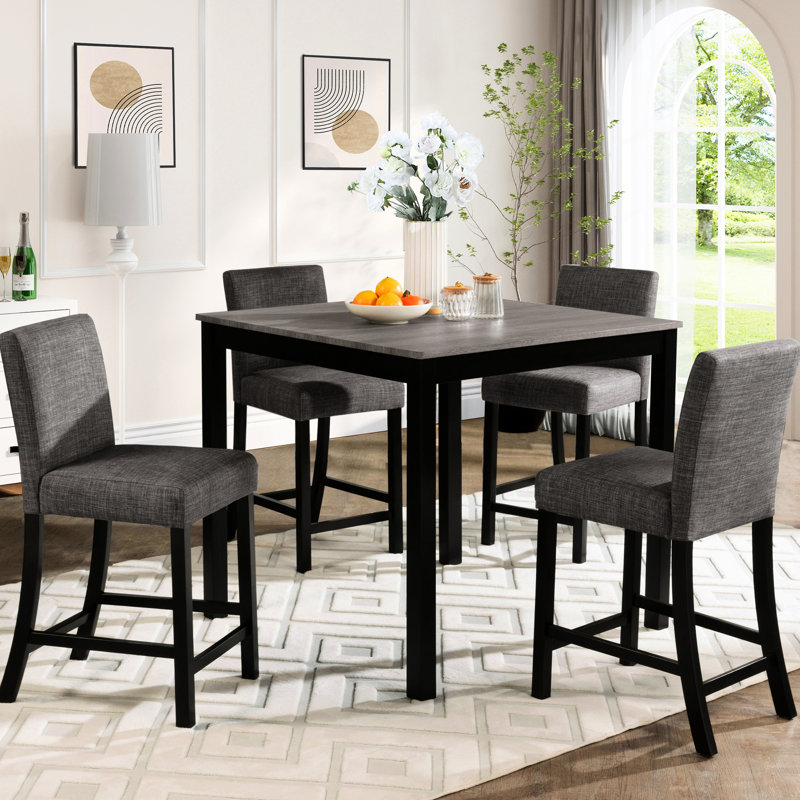 Table à hauteur de comptoir pour 4 personnes avec chaises, gris et noir, structure, sièges confortables, meubles de salle à manger gris et contreplaqué, revêtement en option