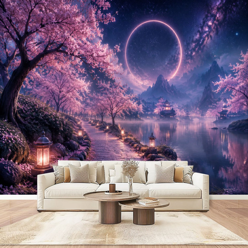 Peler et coller le papier peint adhésif Mystical Cherry Blossom Pathway Lanterns Celestial Eclipse Serene Lake, art mural auto-adhésif et amovible