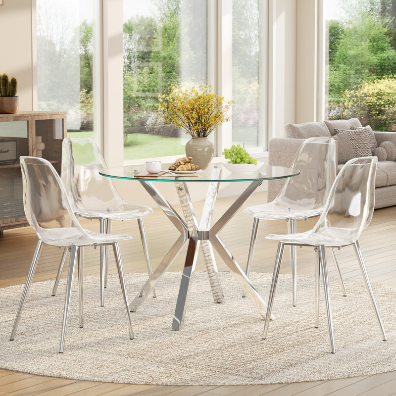 5-Piece Modern Clear Dining Set With Clear Dining Chair For Dining Room, Clear/Silver, Clear/Silver