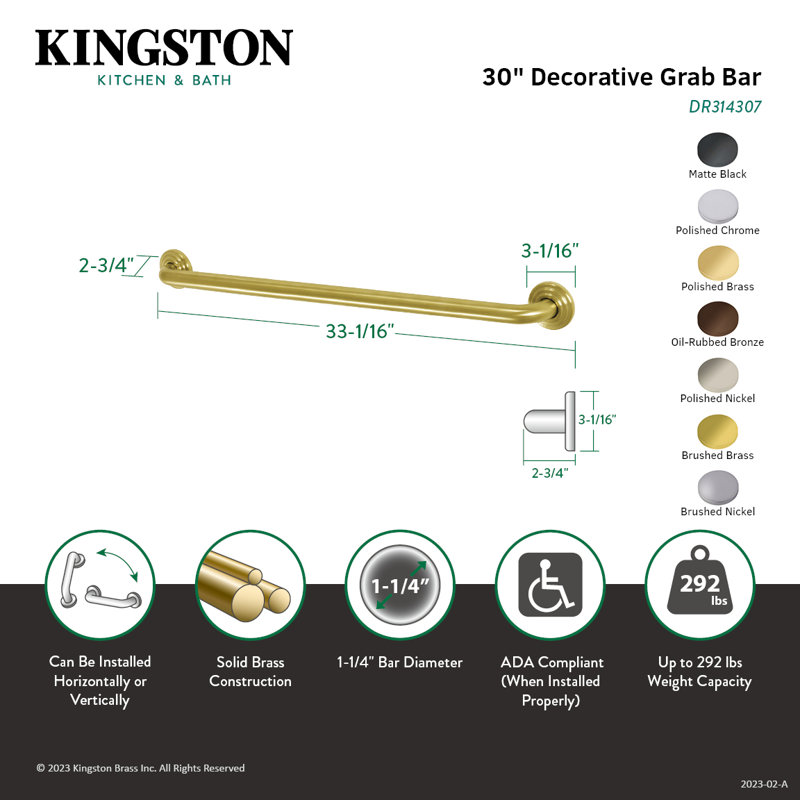 Kingston Brass Restoration 1-1/4 Inch O.D Grab Bar, 30" W, Polished Chrome