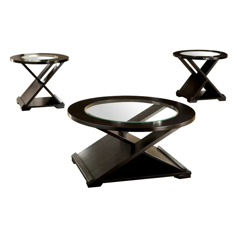 Table basse contemporaine 3 pièces avec surface en verre trempé biseauté de 5 mm, support en bois massif et base en forme de croix unique pour l'espace de vie, plateau supérieur en forme de