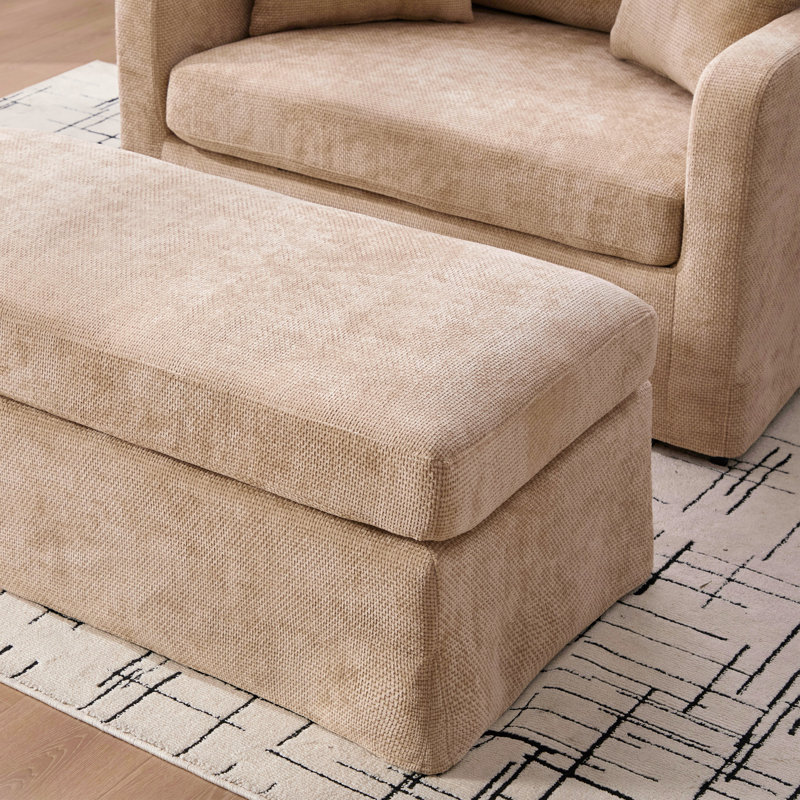 43.9" W Chenille Slipcovered Accent Armchair With Storage Ottoman, Wheat