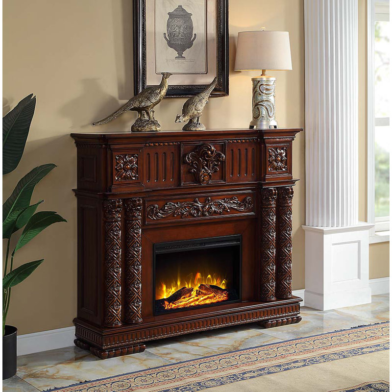 59 Inch Classical Electric Fireplace, Carved, Remote, Cherry